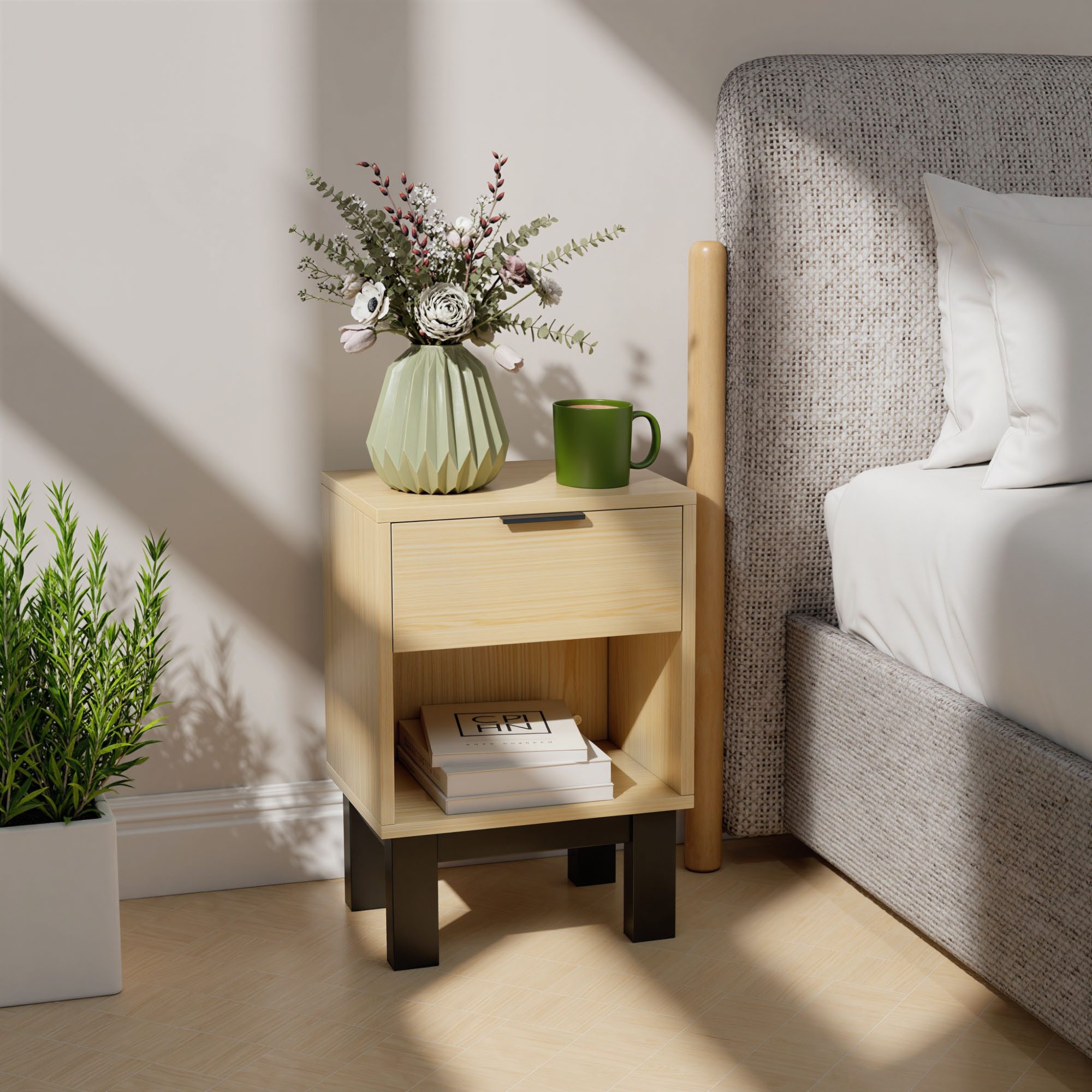 HOMCOM Nachttisch mit Schublade, offenes Fach (Nachtschrank, 1-St., Nachtkommode), für Schlafzimmer, Wohnzimmer, Eiche, 35 x 26 x 50 cm