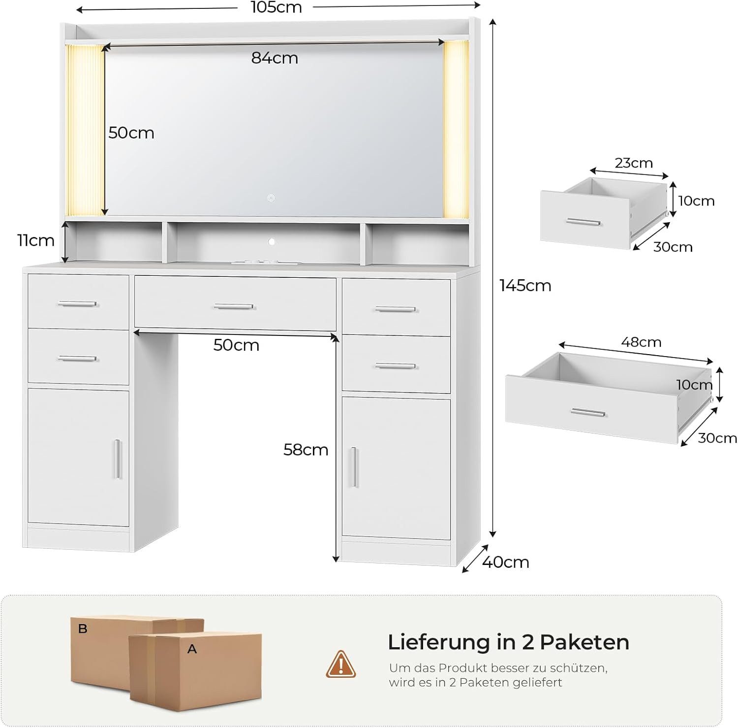 MSMASK Schminktisch mit LED-Beleuchtung und Steckdose, 50x84cm Großspiegel günstig online kaufen