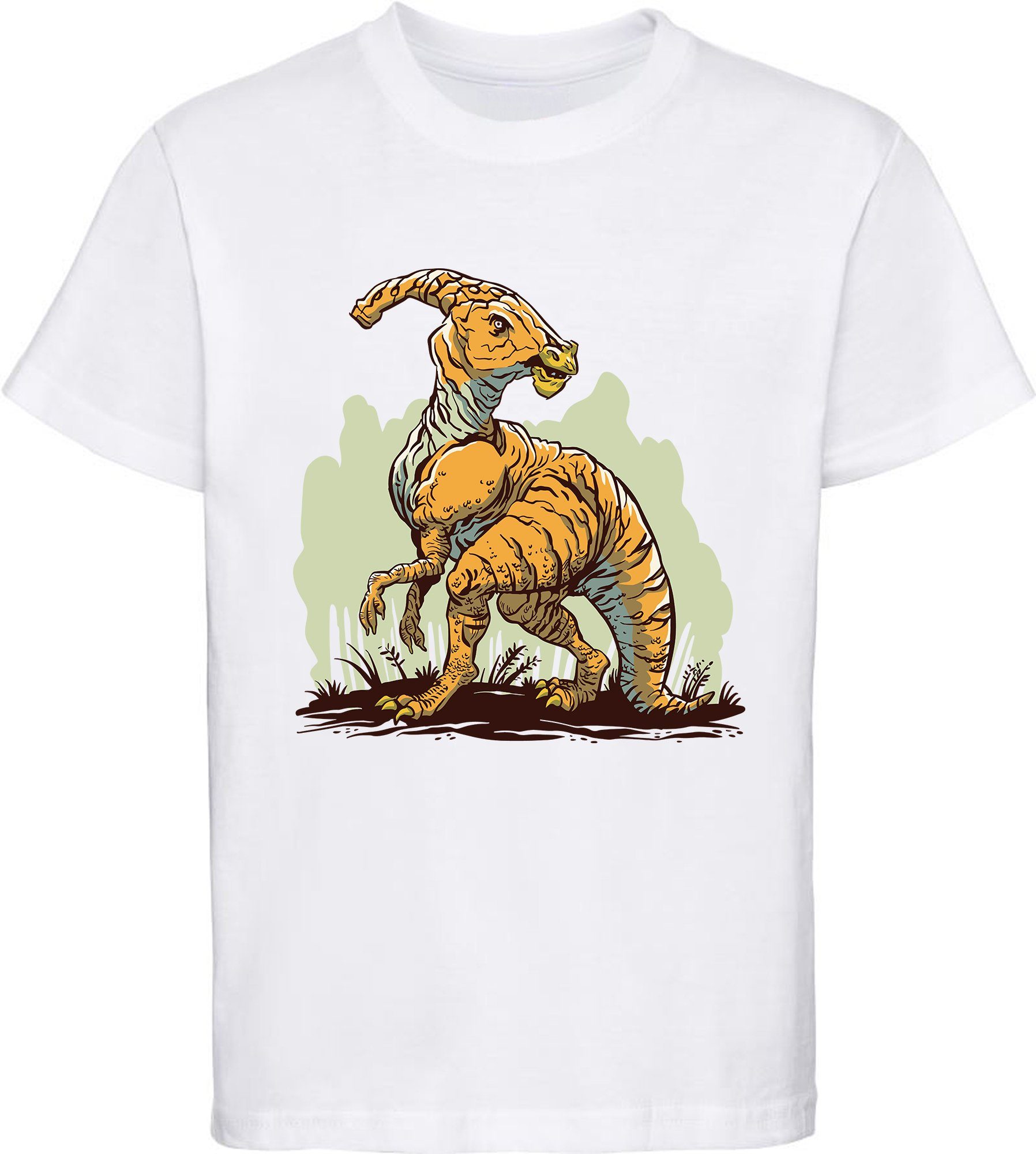 mit MyDesign24 Kinder Baumwollshirt T-Shirt Parasaurolophus Dino, i99 rot, blau, weiss weiß, schwarz, bedrucktes Print-Shirt