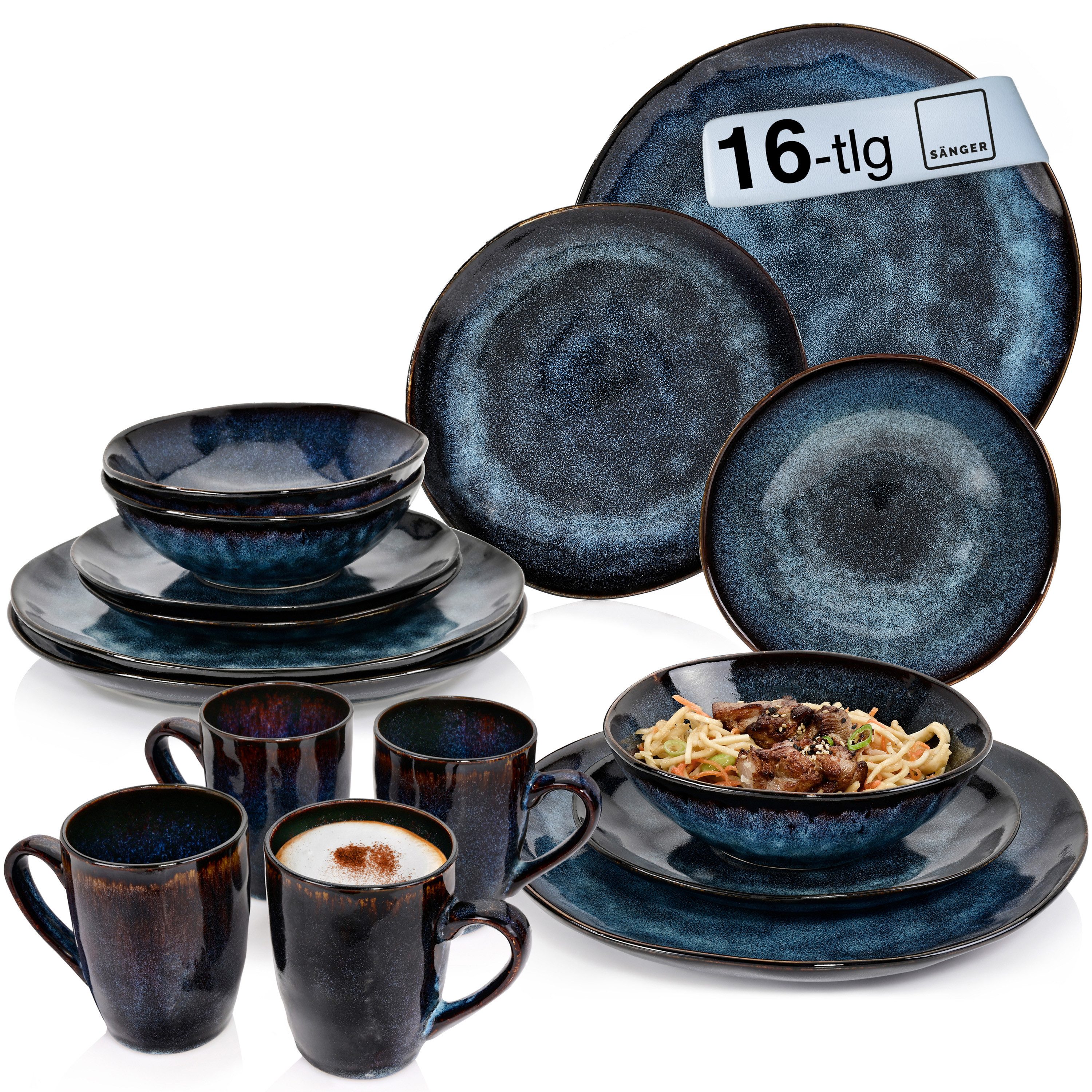 SÄNGER Tafelservice Tokio Geschirrset (16-tlg), 4 Personen, Steingut, Blau Schwarz, Handmade, Premium Collection