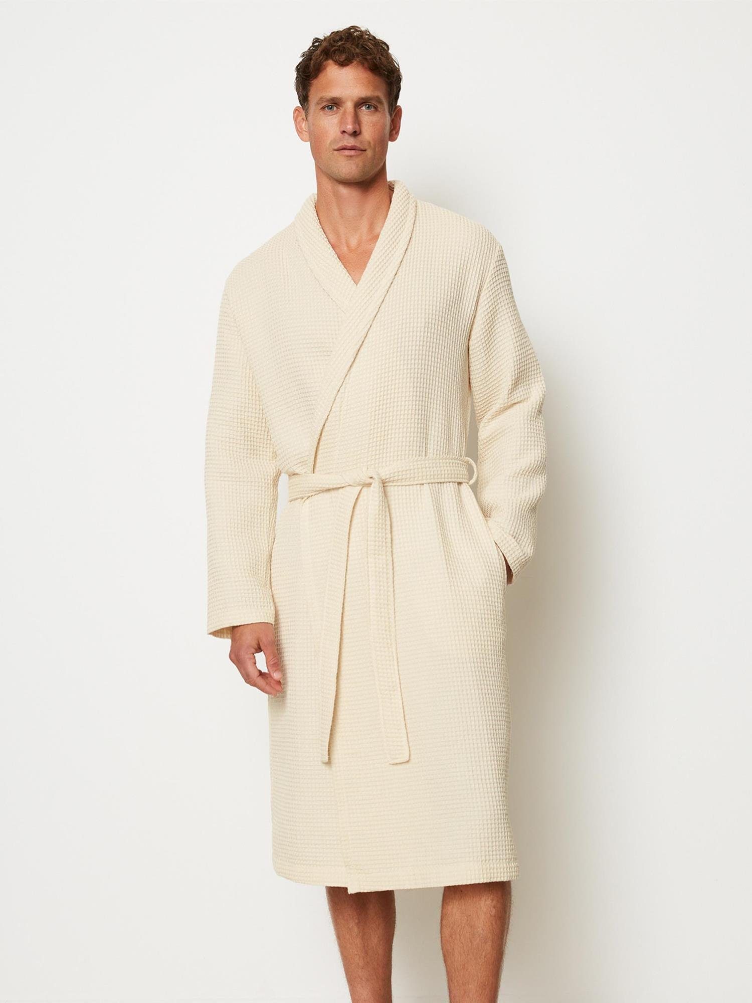 Marc O'Polo Home Herrenbademantel Essential Men, Midilänge, Baumwolle, Schalkragen, Gürtel, aus GOTS-Bio-Baumwolle mit feiner Waffel-Struktur