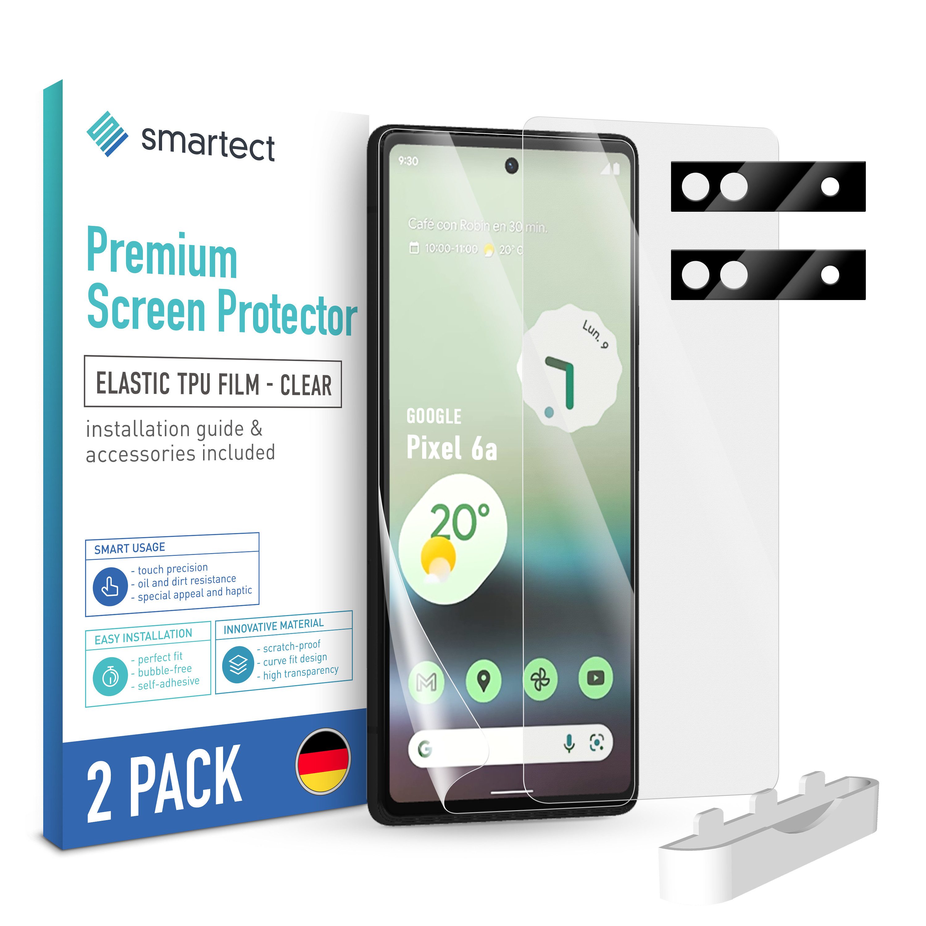 smartect Displayschutzfolie TPU Schutzfolie Klar für Google Pixel 6a, Set, 2 Stück, (Display + Kamera) Panzerfolie Displayfolie