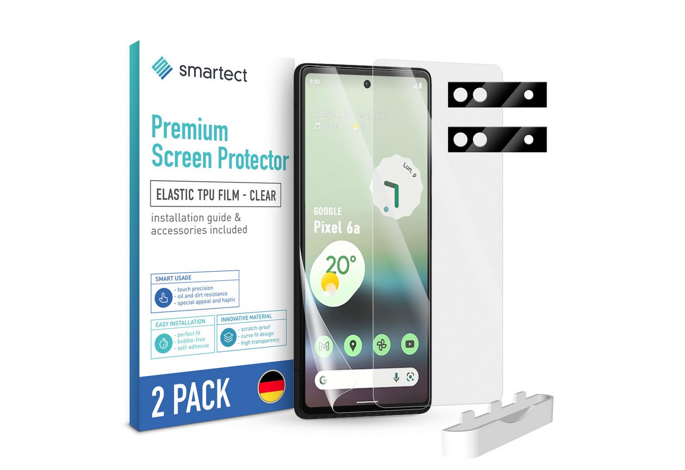smartect Displayschutzfolie TPU Schutzfolie 2 + 2 Stück für Google Pixel 6a (Display + Kamera) für Google Pixel 6a, Set, 2 Stück, Ultra-klar, Kratzfest, Blasenfrei, Oleophob, Fingerabdruck kompatibel