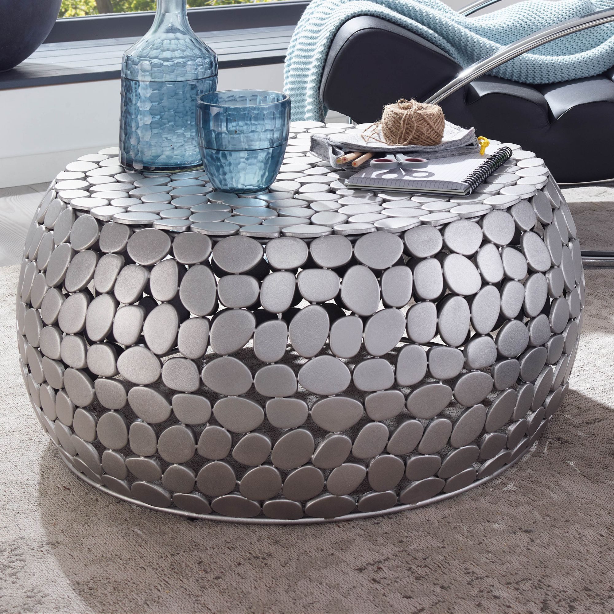 FINEBUY Couchtisch FB82280 Sofatisch Metall Silber Ø 66 cm Tisch Wohnzimmertisch Rund (62x62x36 cm Silber, Sofatisch Metall Rund Modern), Wohnzimmertisch Mosaik, Beistelltisch Aluminium