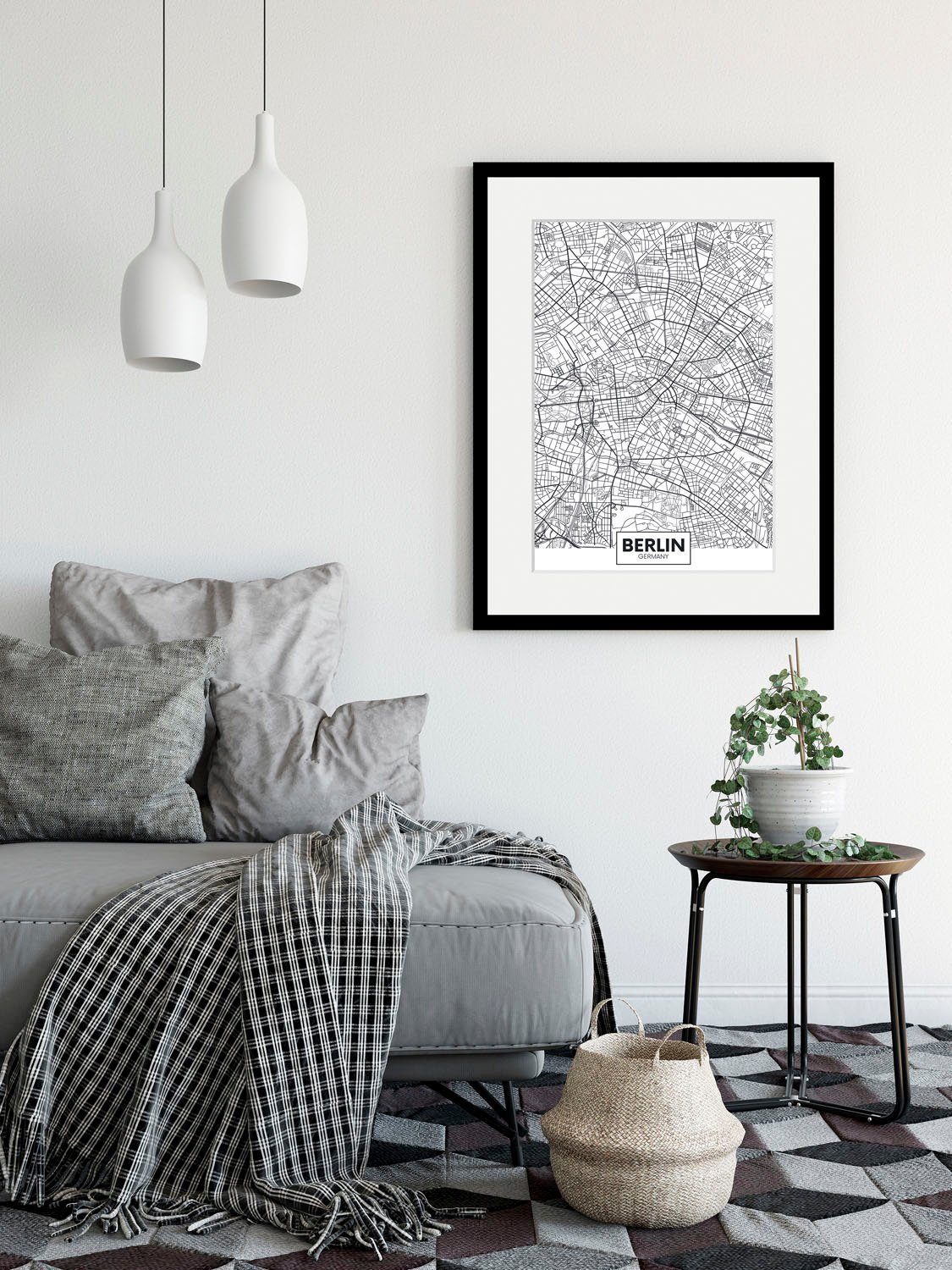 queence Bild Berlin Stadtkarte, Berlin, Deutschland, Schwarz-Weiß, Stadt, Städte (1 St), HD Premium Poster-Druck inkl. Holzrahmen