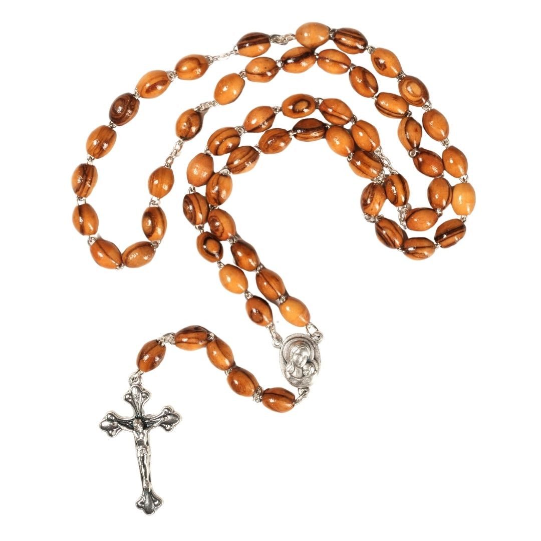Kassis Kette ohne Anhänger Rosenkranz mit Jesuskreuz aus Olivenholz und Metall, handgemacht, Holzdeko, Naturprodukt, aus Bethlehem, Gebetskette, ovale Perlen