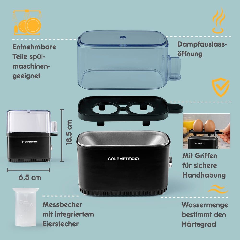 GOURMETmaxx Eierkocher GOURMETmaxx Design-Eierkocher für 2 Frühstückseier, 250 W, für perfekte Frühstückseier,  mit Messbecher & Ei-Pick