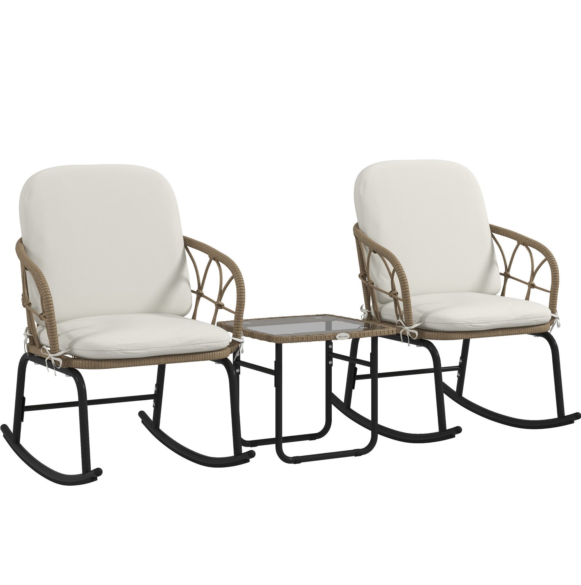MODFU Sitzgruppe 3-teiliges Rattan Garten-Set mit 2 Schaukelstühlen, (Set, 3-tlg., Robuste Konstruktion für entspannte Stunden draußen), 63x82x75 cm Inkl. Couchtisch & Sitzkissen für Terrasse, Balkon