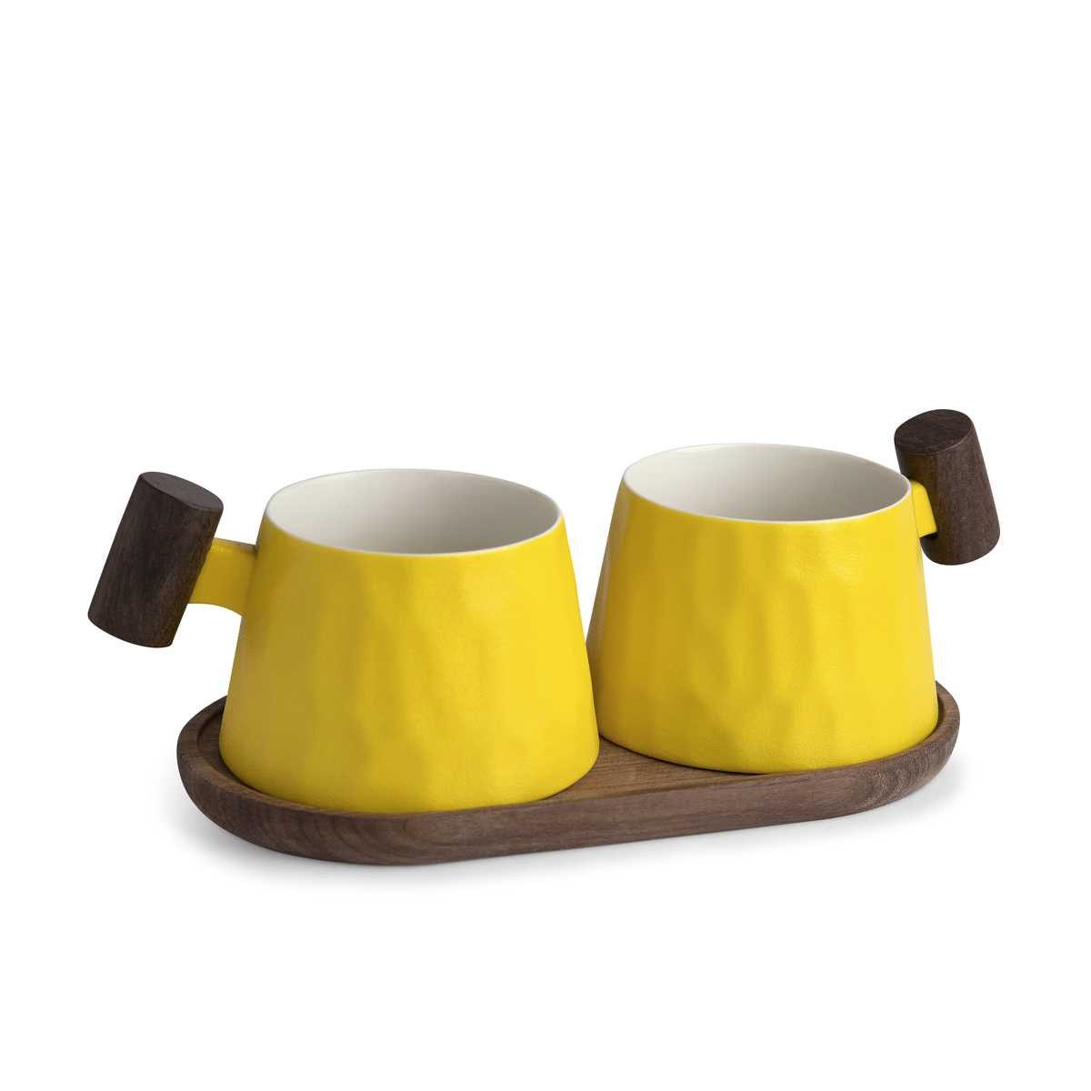 TeaLogic Tasse Amalfi gelb 2er Set Tassen mit Holzgriff auf Holztablett, 1-tlg.
