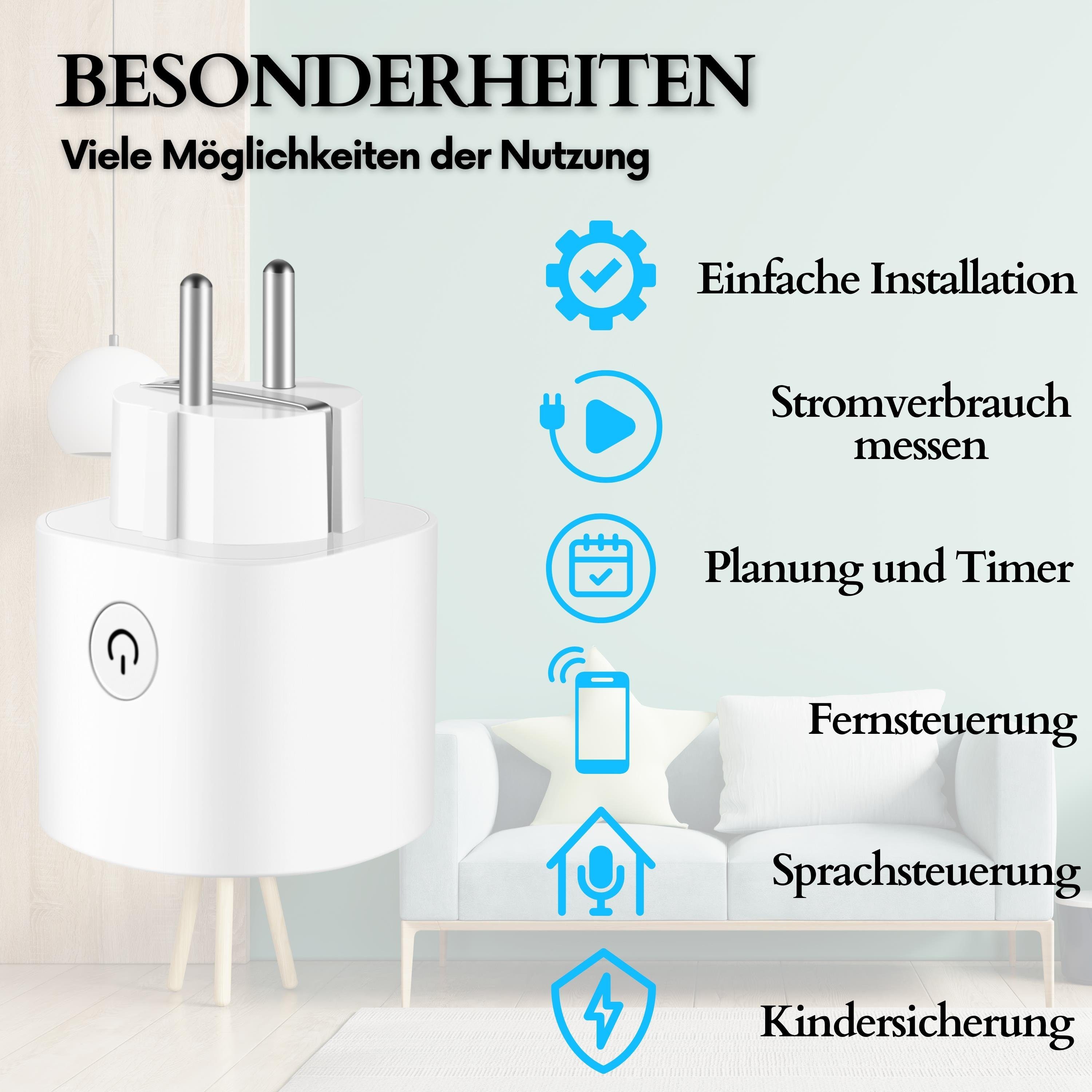 echos WLAN-Steckdose Eco-4072, max. 3680 W, Spar-Set, Steuerung per App,Alexa/ Google kompatibel,WLAN, 2.4 GHz,Max. 16A