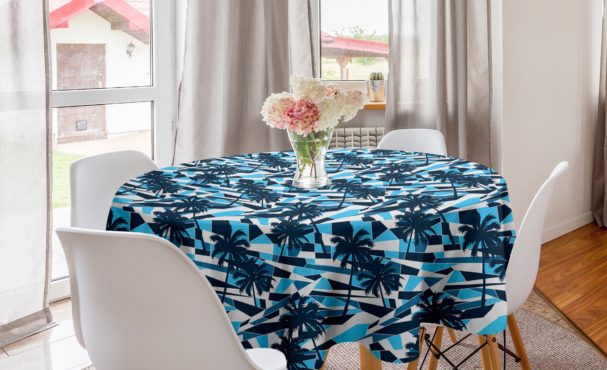 Abakuhaus Tischdecke Kreis Tischdecke Abdeckung für Esszimmer Küche Dekoration, Palme Geometric Blue Shades