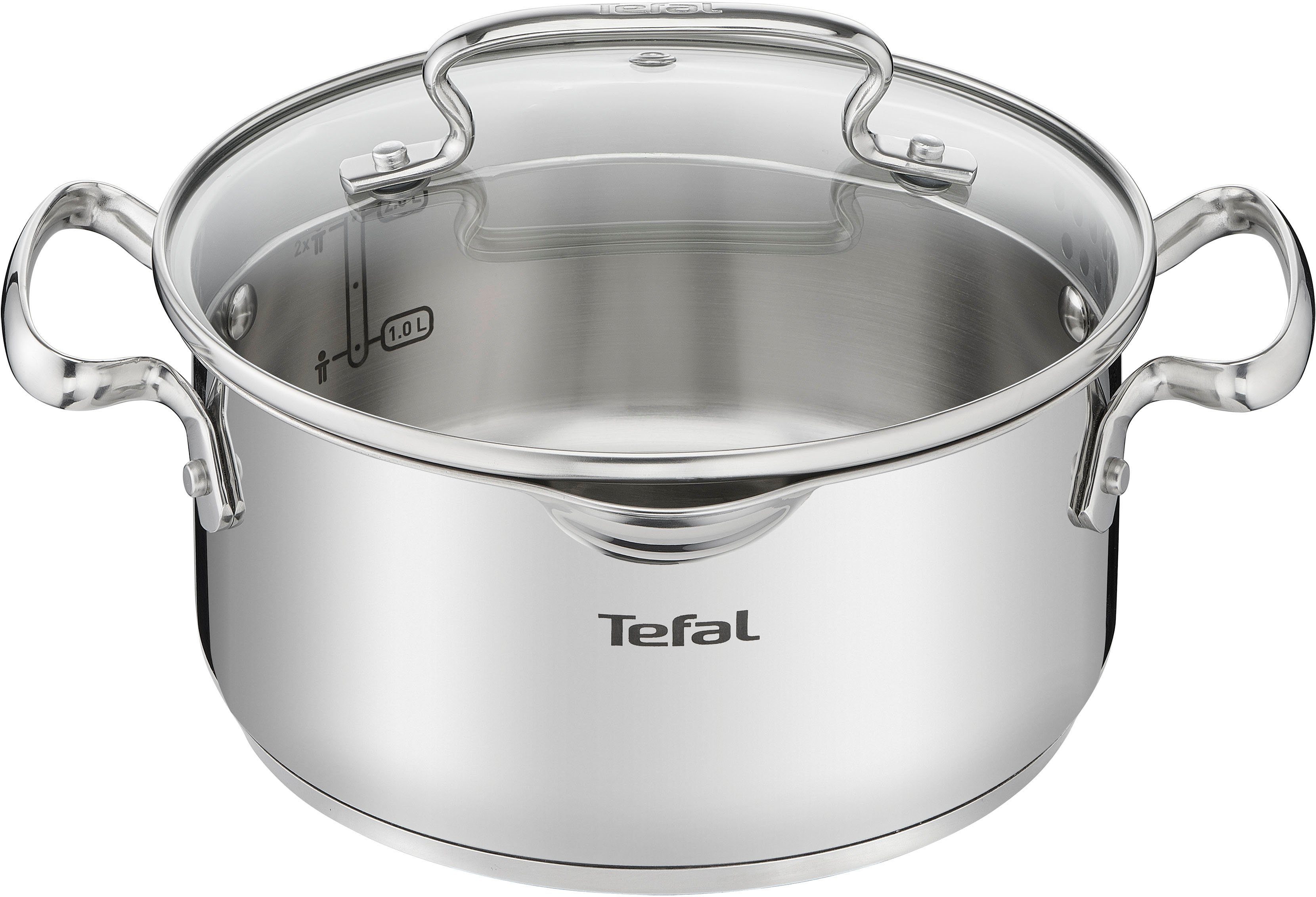 Tefal Kochtopf Duetto+, Edelstahl 18/10, hochglanzpoliert, Glasdeckel mit Siebfunktion