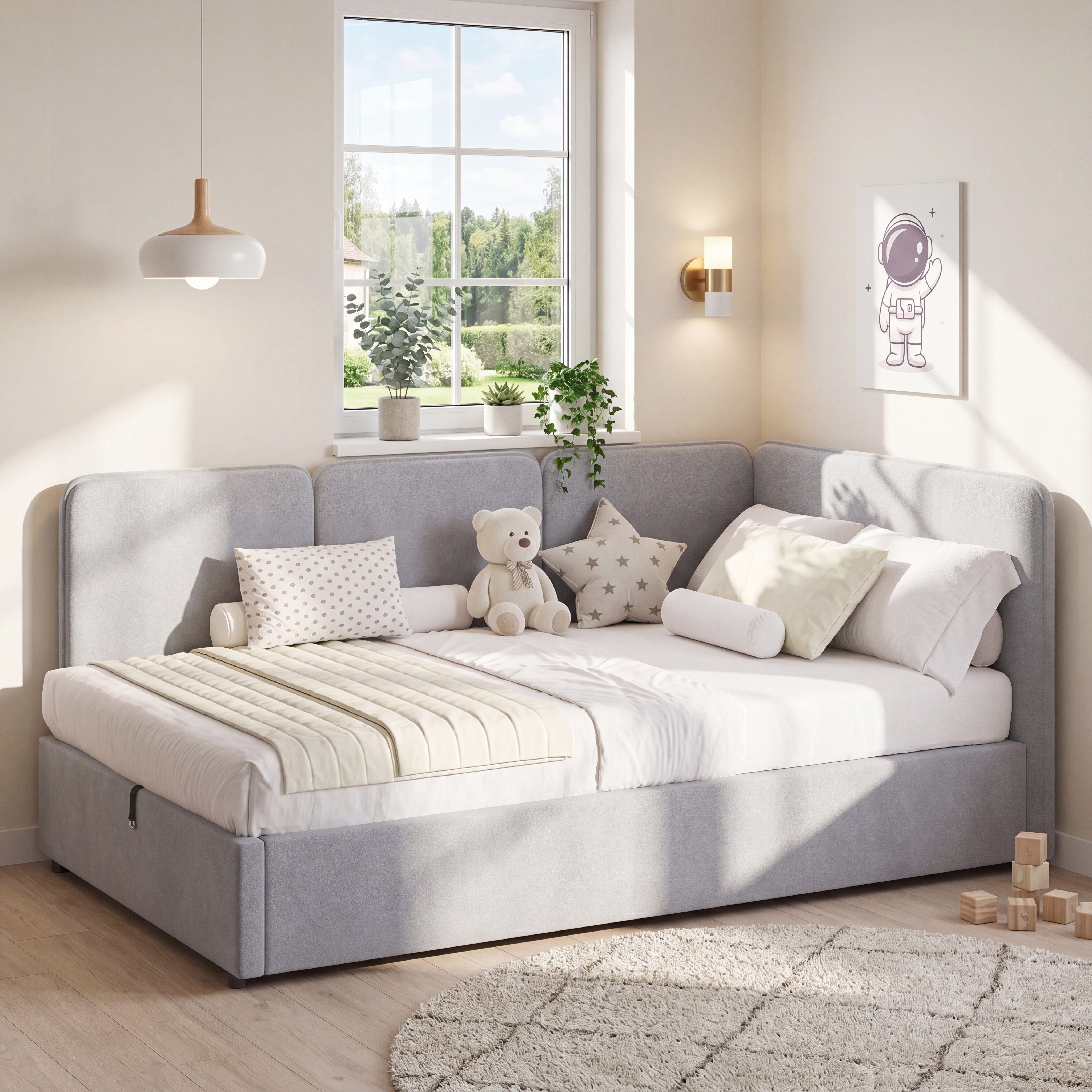 Flieks Daybett Austauschbare linke und rechte Seite, Polsterbett Schlafsofa Kinderbett 90x200cm mit hydraulischem Stauraum
