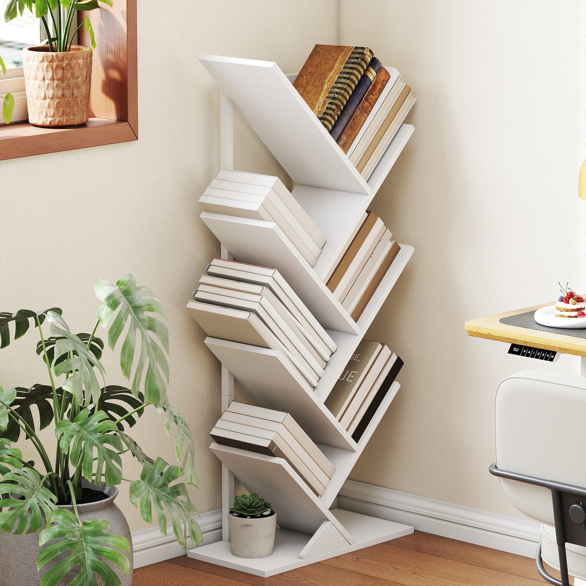 HOMCOM Bücherregal Standregal Raumteiler mit 7 Ebenen, im Baumform, Aufbewahrungsregal 1-tlg., für Wohnzimmer, Schlafzimmer, Büro, Weiß