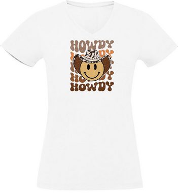 MyDesign24 T-Shirt Damen Smiley Print Shirt - Lächelnder Cowboy Smiley V-Ausschnitt Baumwollshirt mit Aufdruck Slim Fit, i289