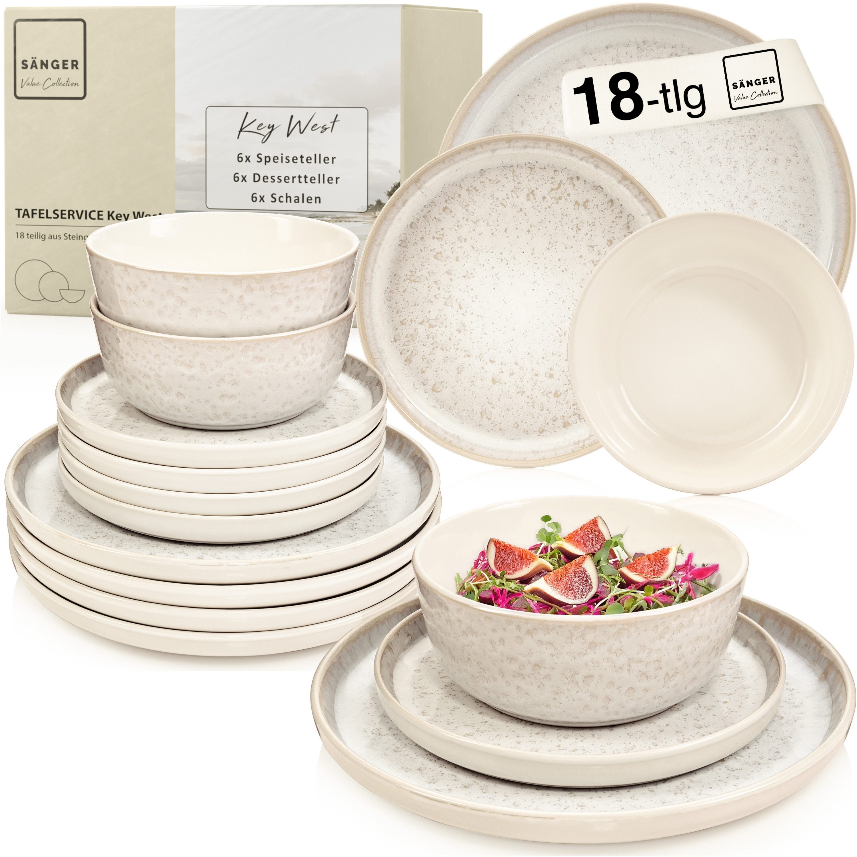 SÄNGER Tafelservice Key West, Creme mit sandiger Maserung (18-tlg), 6 Personen, Steingut, VALUE COLLECTION
