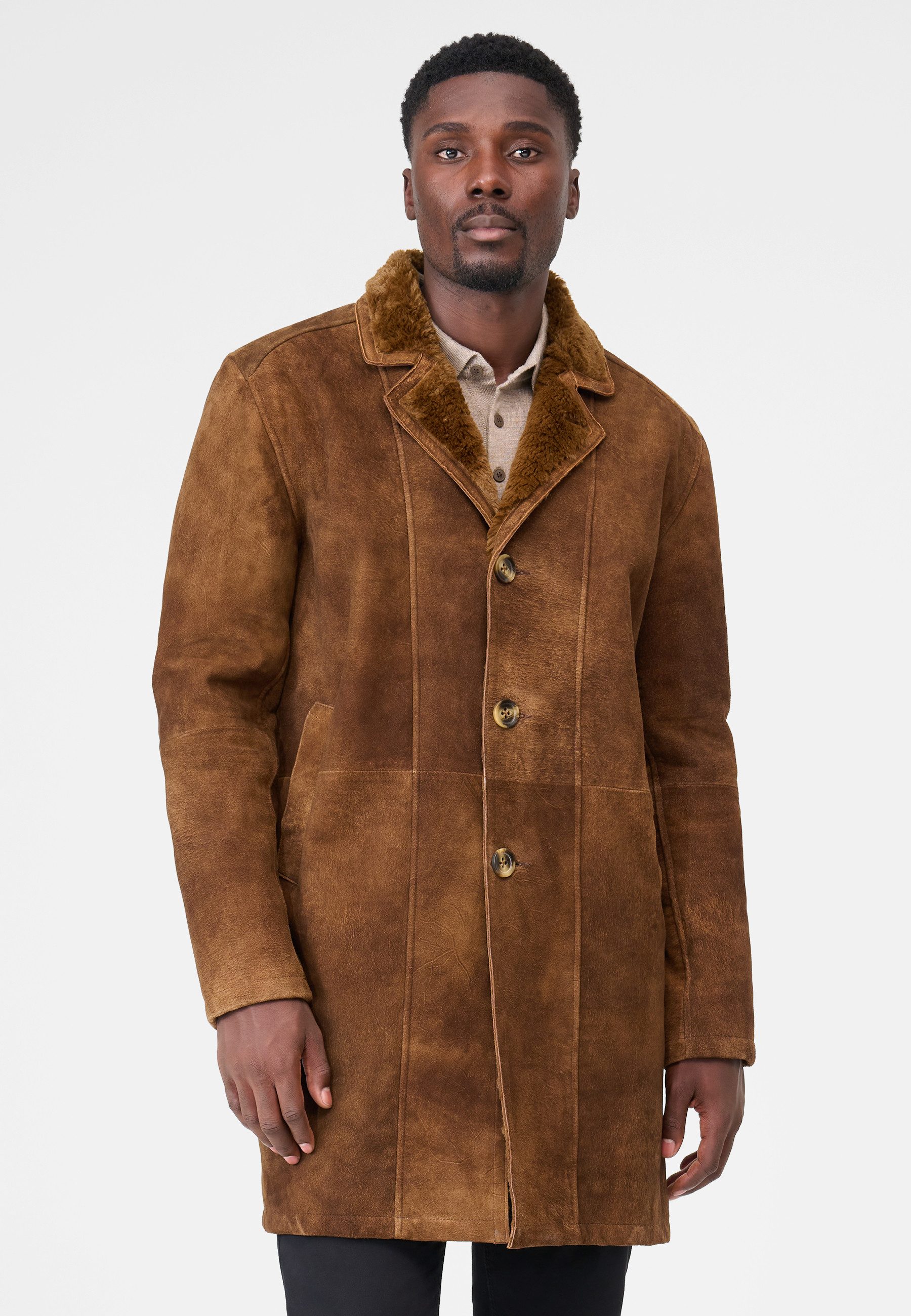 RICANO Ledermantel Ignacio 100 % Ziegen Velours Leder, Handmade, Luxuriöser Kunstfellkragen