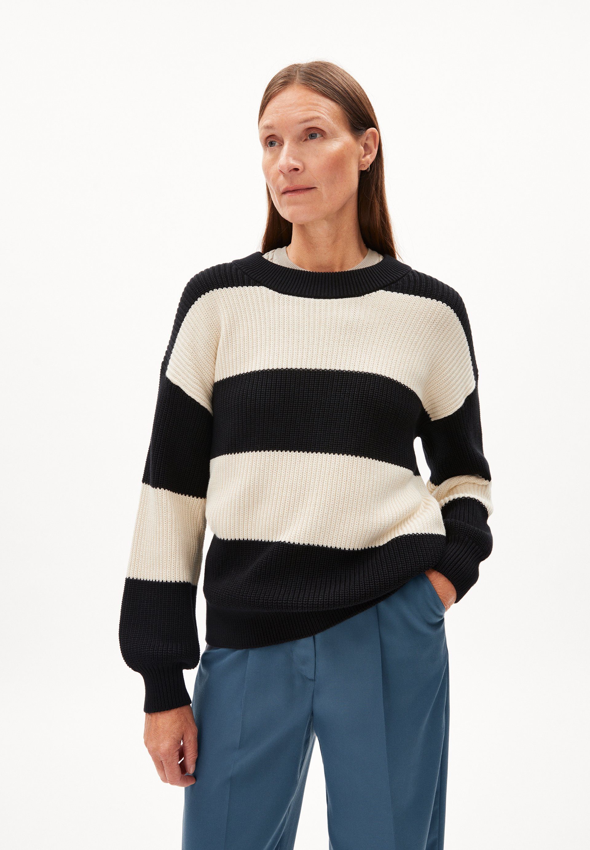 BLOCKSTRIPES Damen Strickpullover Armedangels black-oatmilk HAAYLE (1-tlg)