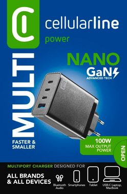 Cellularline Multipower Nano 100W Reiselader 4 Port GaN USB-Ladegerät (Apple iPhone, iPad, MacBook, Samsung Galaxy Tab, S23 S24, Google Pixel)