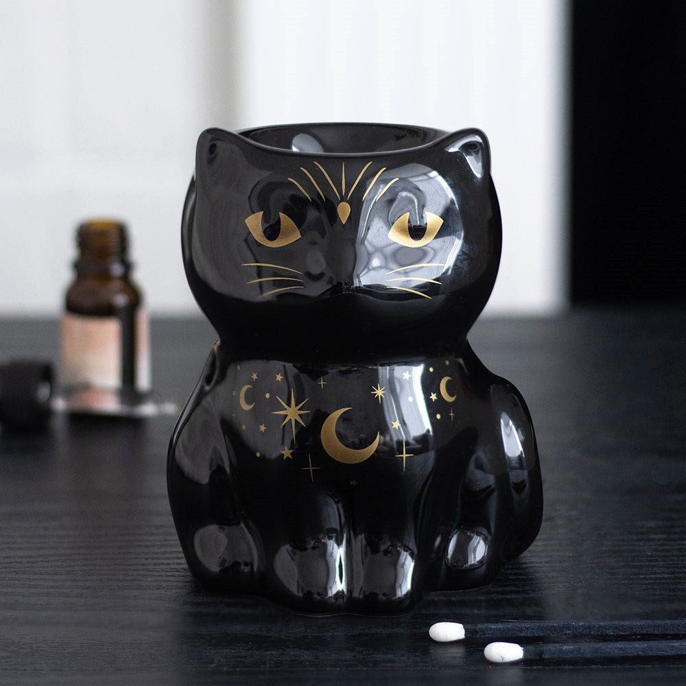 Something Different Duftlampe Mystischen Katze als Duftlampe Cat Magick Burner schwarz-gold Gothic