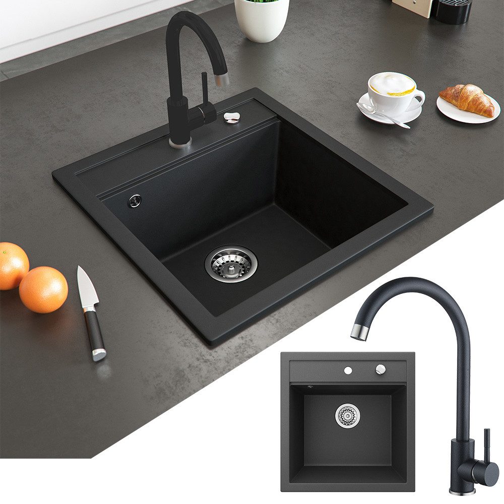 Bergstroem Granitspüle, Schwarz, 49 x 50 cm mit Armatur Schwarz, Rechteckig, 49/50 cm, Spüle mit Armatur, (1 St)