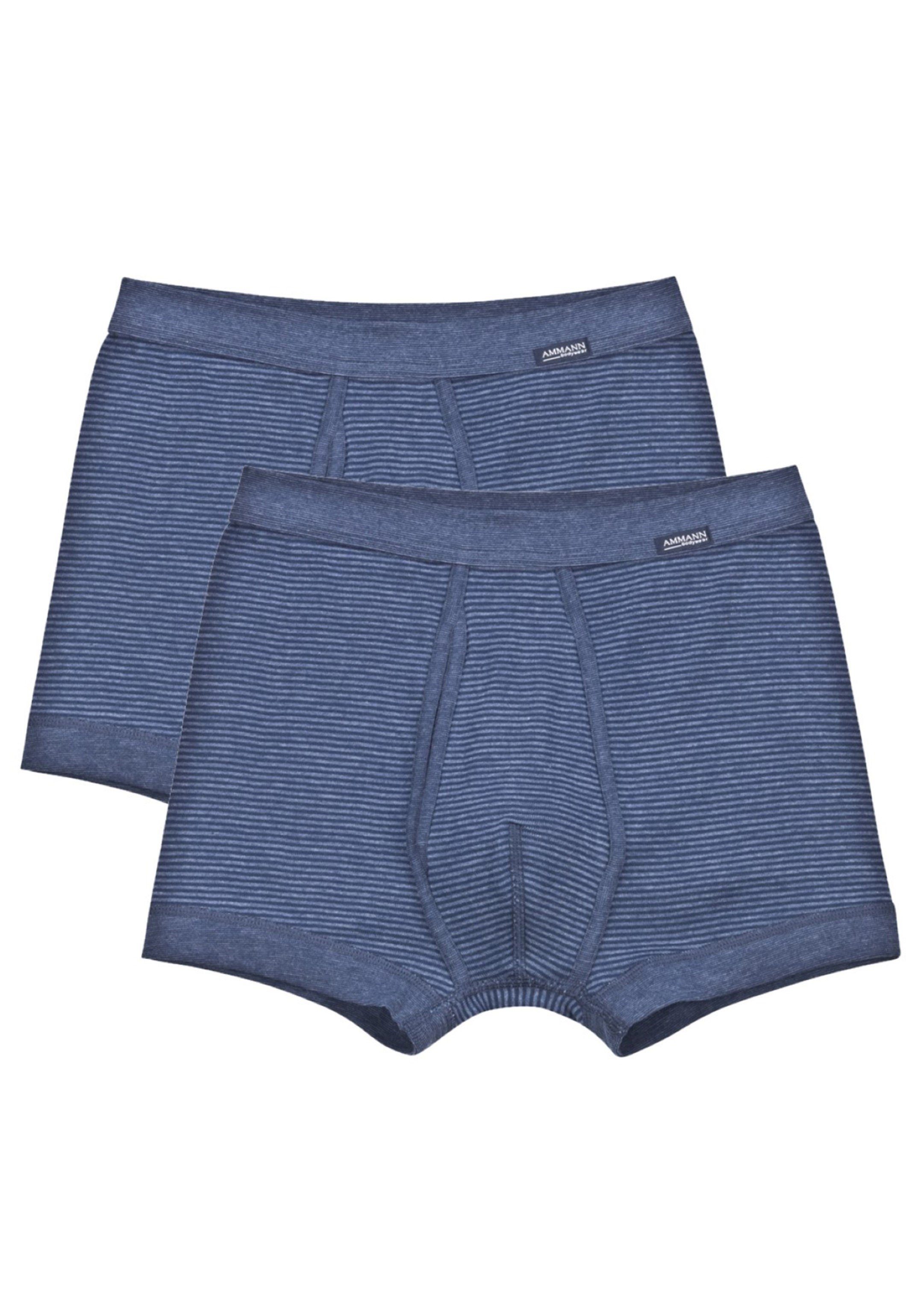2er / Jeans Feinripp Pack Pant Short - (Spar-Set, Blau - Mit 2-St) - Baumwolle Ammann Eingriff Retro Boxer Retro