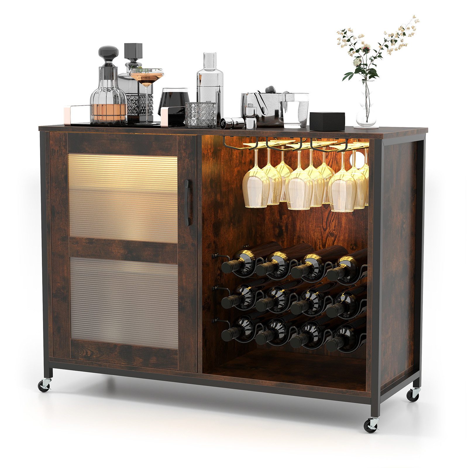 KOMFOTTEU Weinschrank Barschrank mit Beleuchtung, Rollen, Weinregal & Glashalter