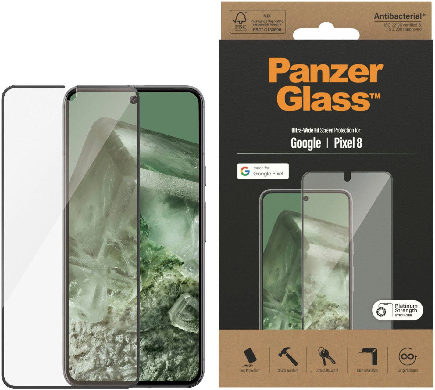 PanzerGlass Displayschutz Google Pixel 8 - Ultra-Wide Fit für Google Pixel 8, Displayschutzfolie, 1 Stück, Kratz-& Stoßfest,Antibakteriell,Berührungsempfindlich,Simpel Anbringen