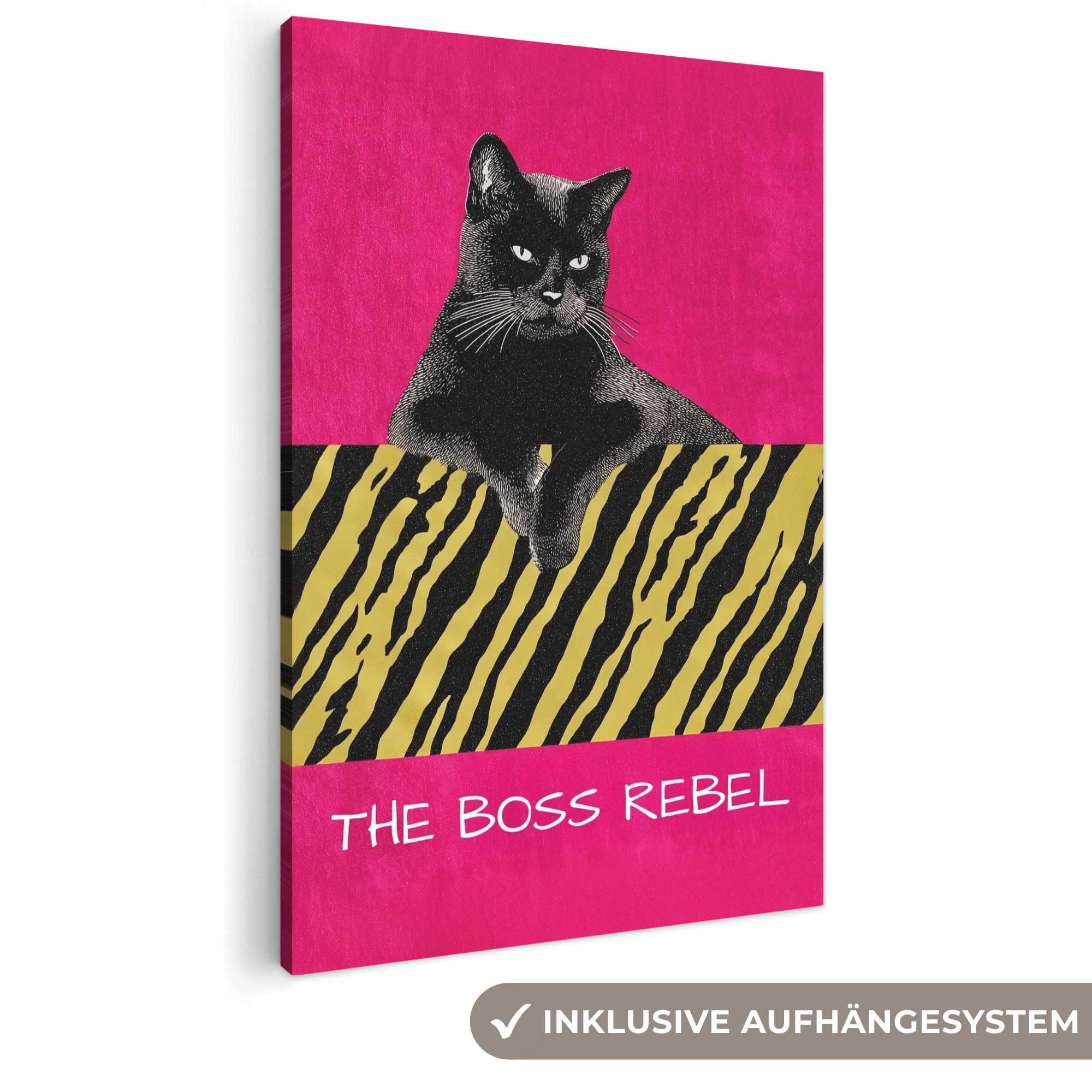 OneMillionCanvasses® Leinwandbild Katze - Boss - Rosa - Tigerdruck, Fotodruck (1 St), Bilder groß Wohnzimmer Schlafzimmer 80x120 cm