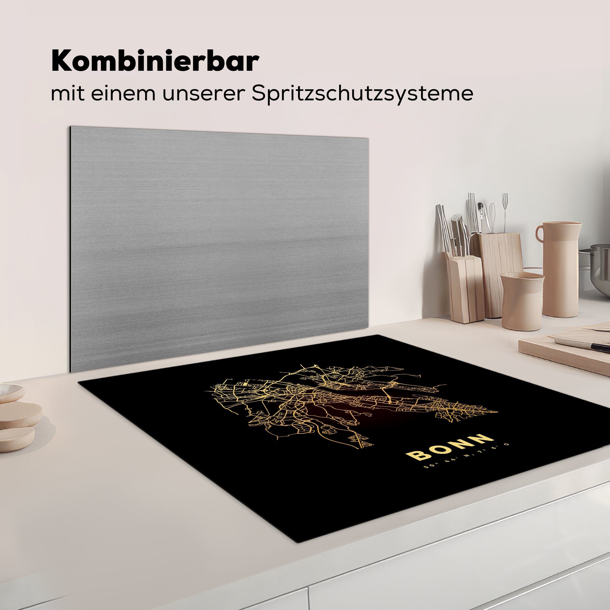 cm, - - für Gold küche (1 Bonn Ceranfeldabdeckung, Stadtplan, Vinyl, Herdblende-/Abdeckplatte 78x78 MuchoWow tlg), Karte Arbeitsplatte -