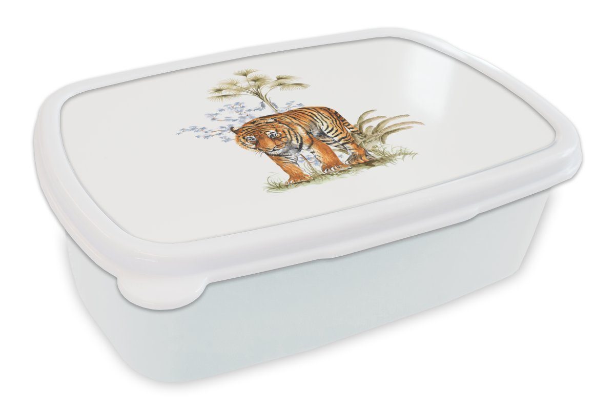 MuchoWow Lunchbox Tiger - Pflanze - Weiß, Kunststoff, (2-tlg), Brotbox für Kinder und Erwachsene, Brotdose, für Jungs und Mädchen