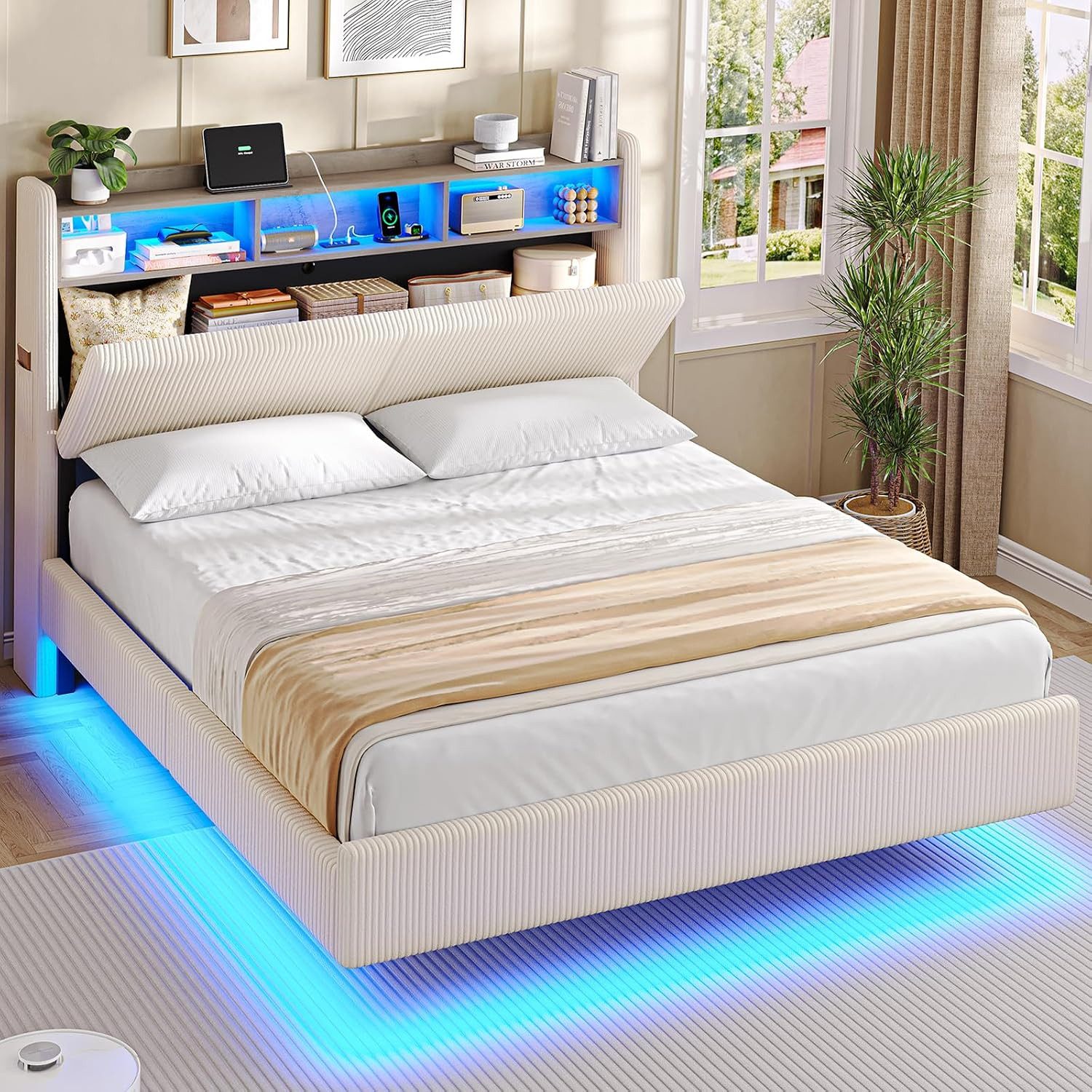 MSMASK Polsterbett Schwebebett mit 270°-LED-Beleuchtung, USB & Type-C Ladestation (Ohne Matratze), Doppelbett mit Stauraum-Kopfteil 140x200 cm