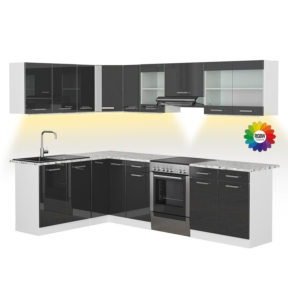 Vicco Winkelküche R-Line, Anthrazit Hochglanz/Weiß, 267 x 167 cm, AP Marmor mit LED-...
