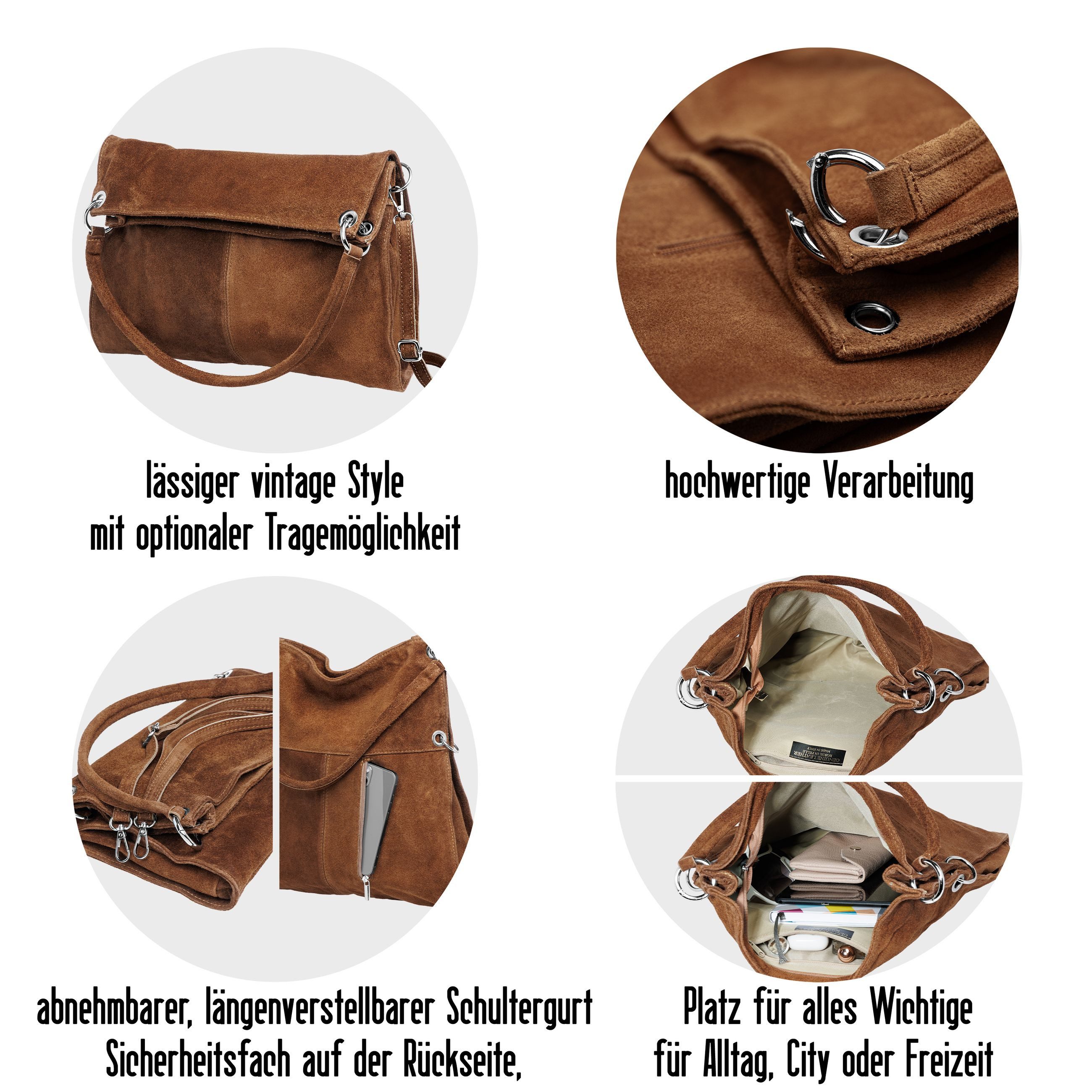 Caspar Schultertasche Große Vintage Damen Leder Handtasche - PREMIUM LINE - Modell No.805, samtig weich, angenehmer Tragekomfort - 100% Wildleder - Made in Ital – Bild 5 von 5