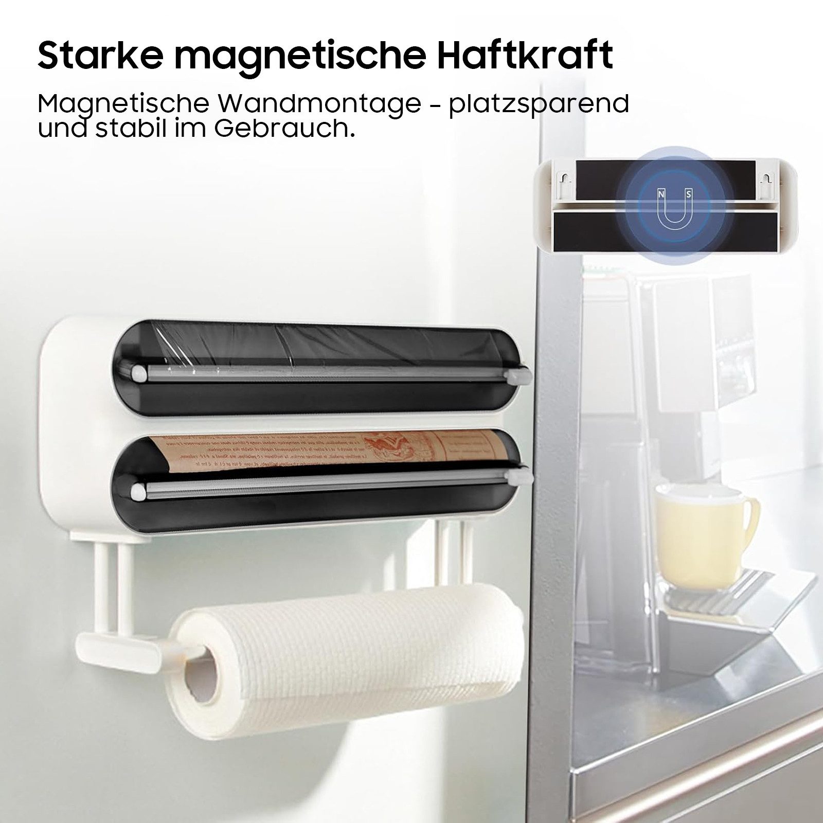 SURFOU Wandrollenhalter 3-in-1 Frischhaltefolienspender, Kunststoff, magnetisch & Wandmontierbar, Folienschneider für Saubere