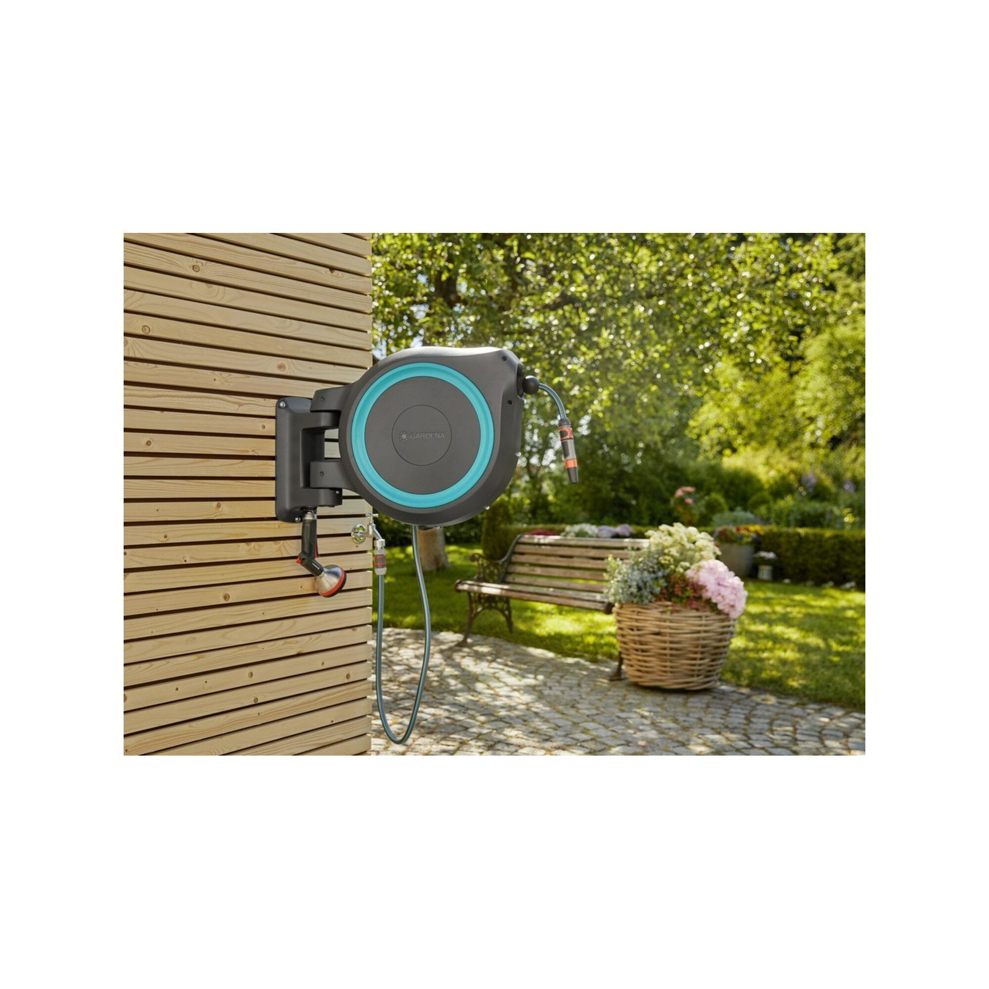 GARDENA Bewässerungssystem Gardena Wand-Schlauchbox türkis RollUp XL 35 m Multibrause 18313