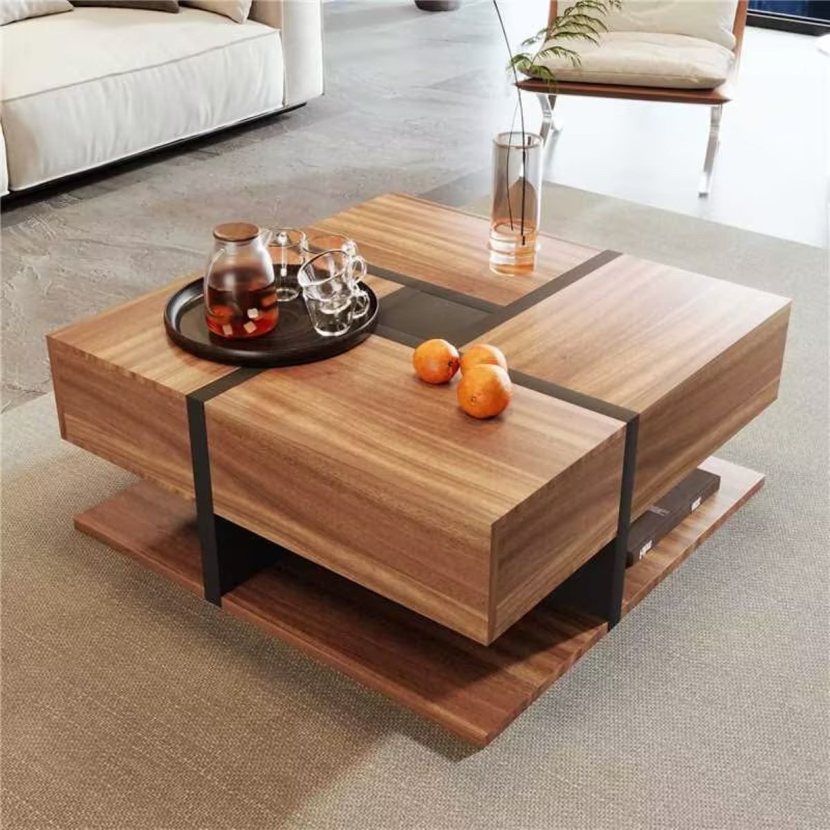 EXTSUD Couchtisch Hochglanz-Couchtisch mit 4 Schubladen – Quadrat & Liniendesign (ein Tisch), einzigartige Farbabstimmung und Liniendesign, Stauraum unten
