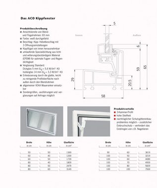 ACO Severin Ahlmann GmbH & Co. KG Kellerfenster ACO 100cm Nebenraumfenster Kippfenster Einfachglas Fenster weiß Kellerfenster, wärmeisolierende Kunststoff-Hohlkammerprofile