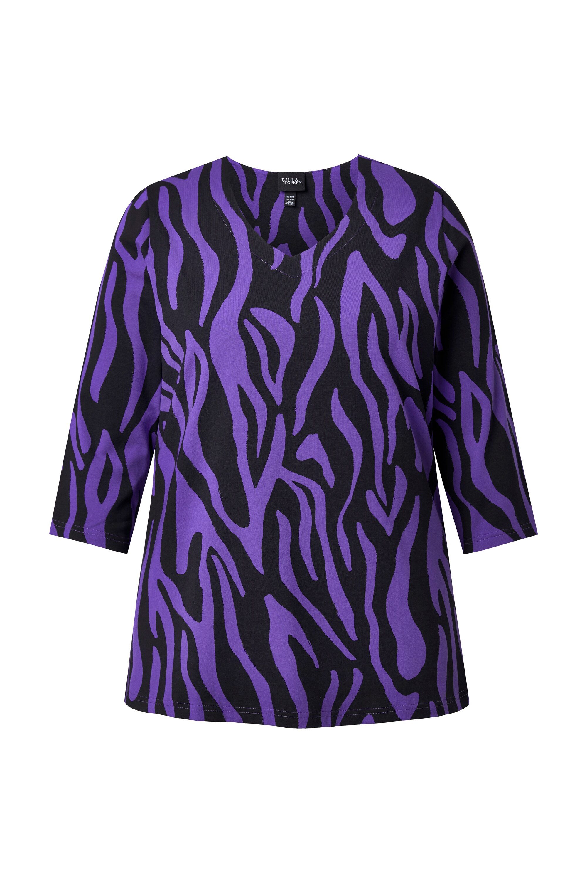 Ulla Popken T-Shirt Shirt Zebramuster Classic V-Ausschnitt 3/4-Arm