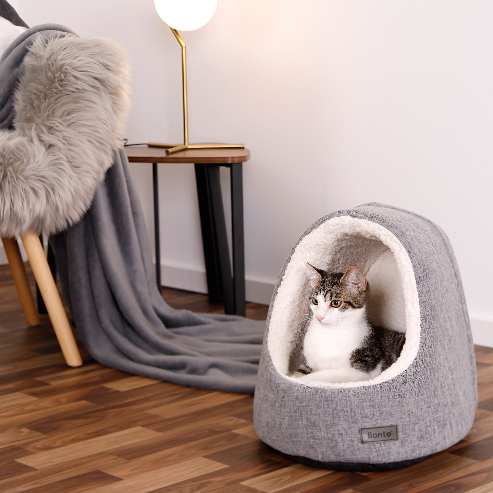 lionto Schlafhöhle für Katzen mit Anti-Rutsch-Boden, abnehmbarer Bezug, waschbar