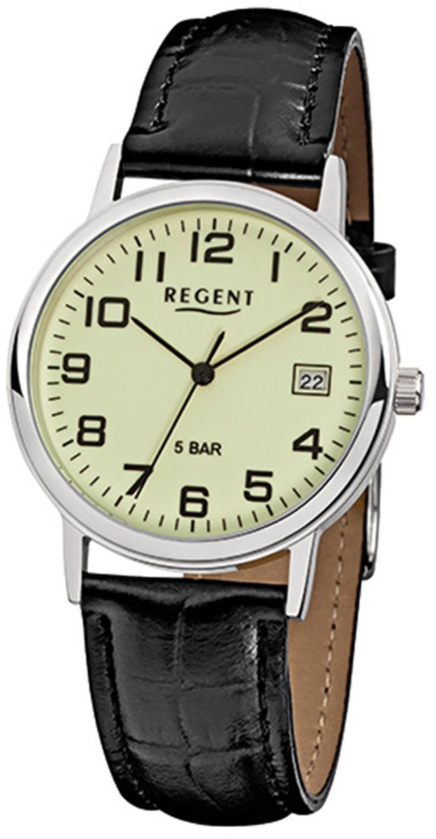 Lederarmband Herren Quarzuhr mittel schwarz (ca. Analog, 34mm), Herren-Armbanduhr rund, Regent Regent Armbanduhr