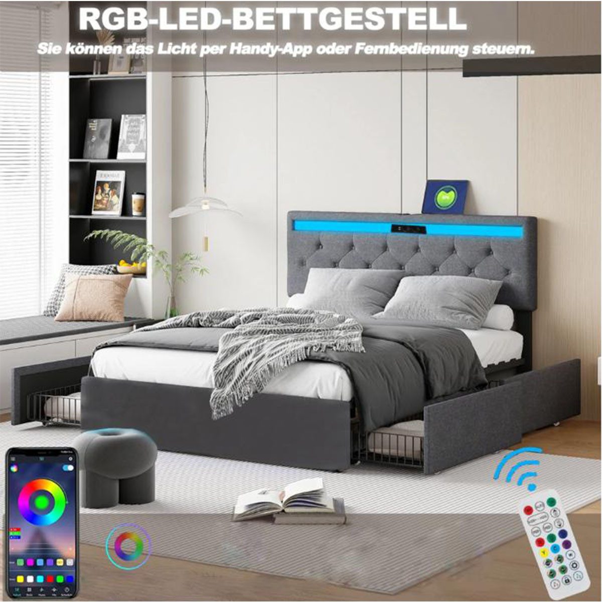 oyajia Polsterbett LED Doppelbett 140x200cm, Stauraumbett günstig online kaufen