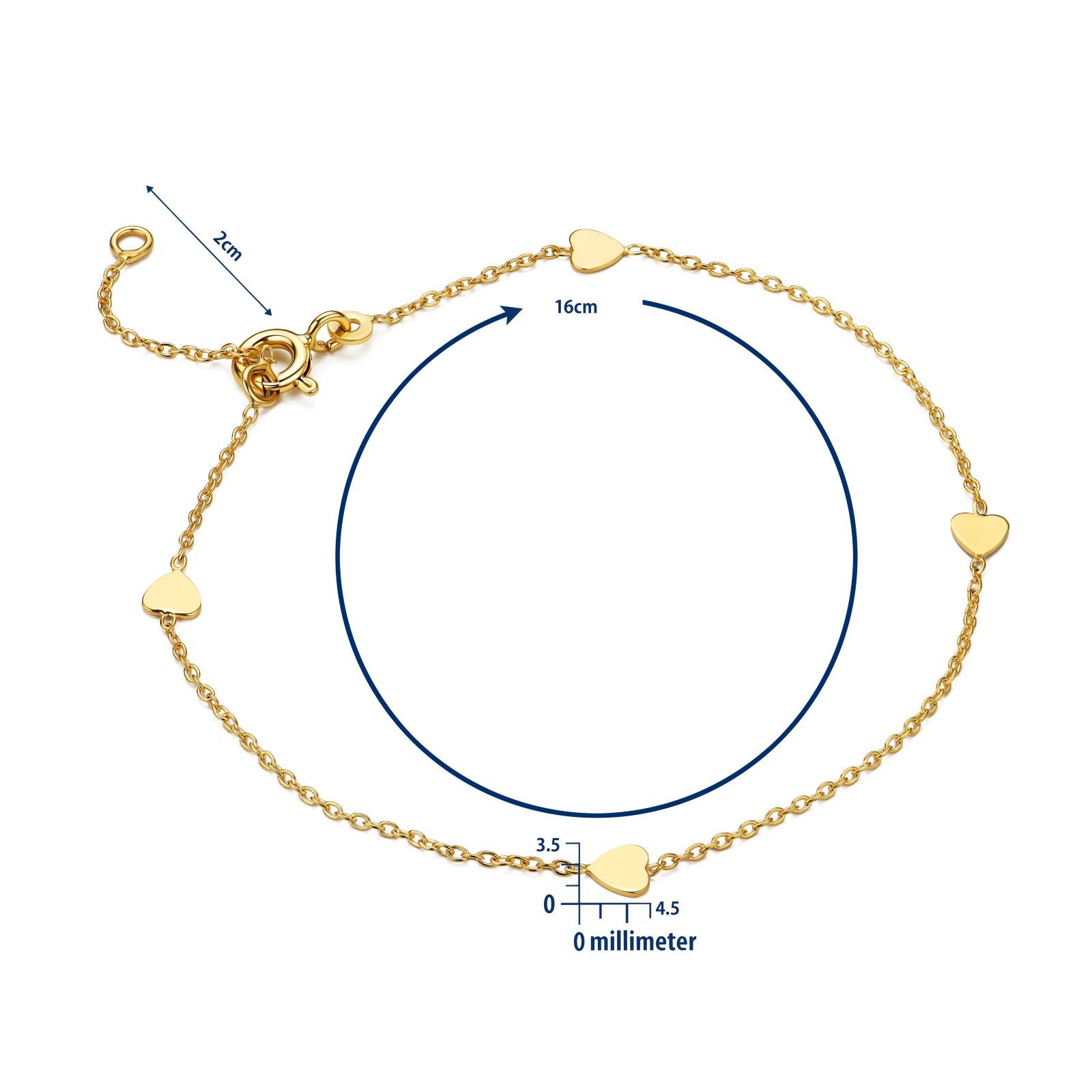 Miore Charm-Armband MGM941B - Klassisches Goldarmband mit Herzen - 9 Kt. 375 Gelbgold, Ankerkette für Damen - Made in Italy