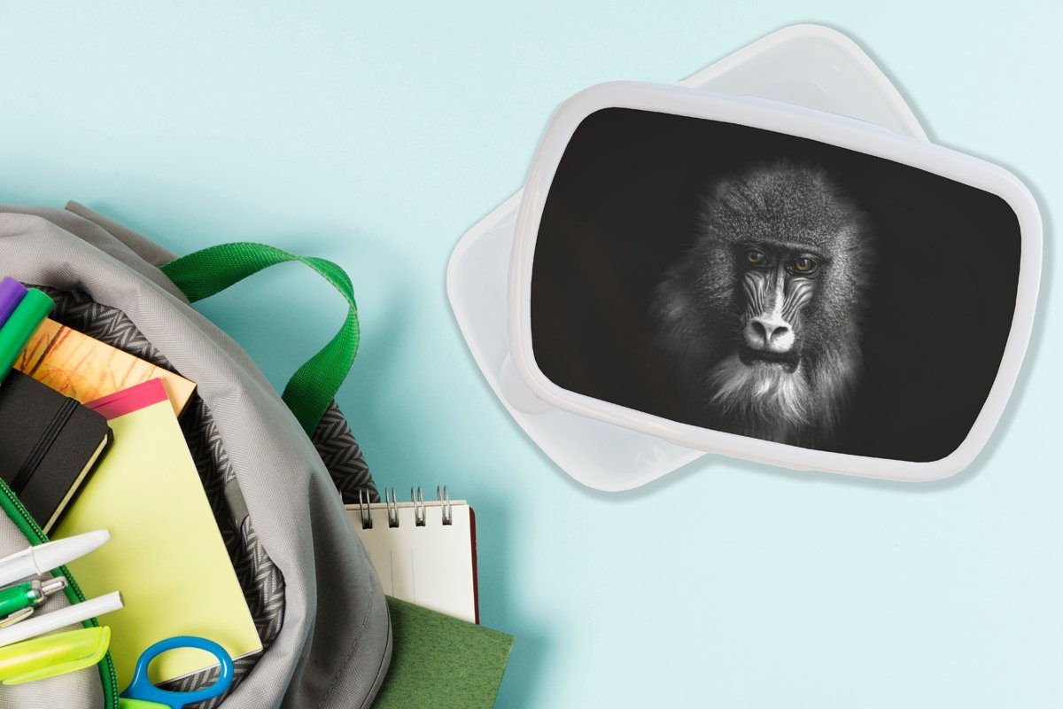 Brotdose, - Jungs - Affe - weiß, (2-tlg), - Schwarz Tiere für für Erwachsene, Lunchbox und Kunststoff, und Braun Mädchen und Augen MuchoWow Kinder Brotbox