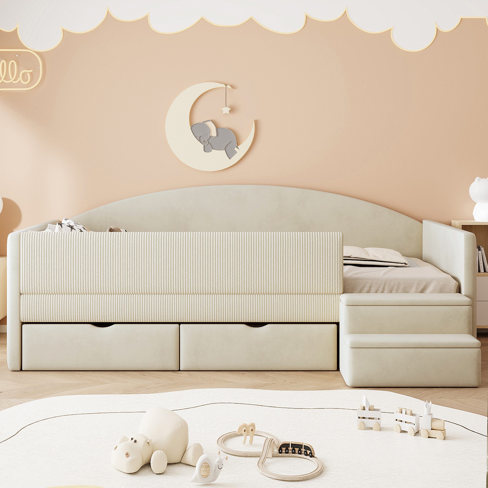 Flieks Polsterbett, Kinderbett Einzelbett 90x190cm mit 2 Schubladen Treppe günstig online kaufen