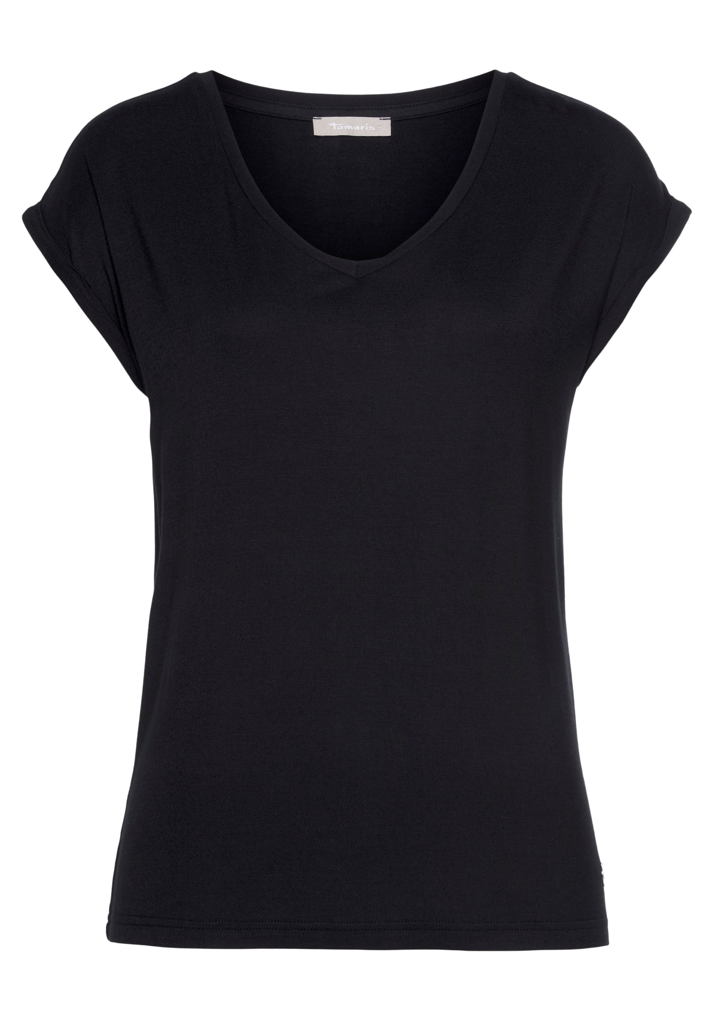 Tamaris Passform schwarz mit eco lockerer V-Shirt