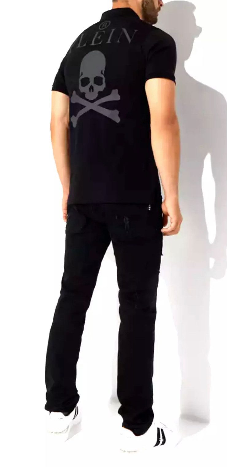 PHILIPP PLEIN Poloshirt Polohemd mit PP Hexagon Patch und Skull&Bones Logo Slim fit Gerippter Kragen und Bündchen, Asymmetrischer Saum