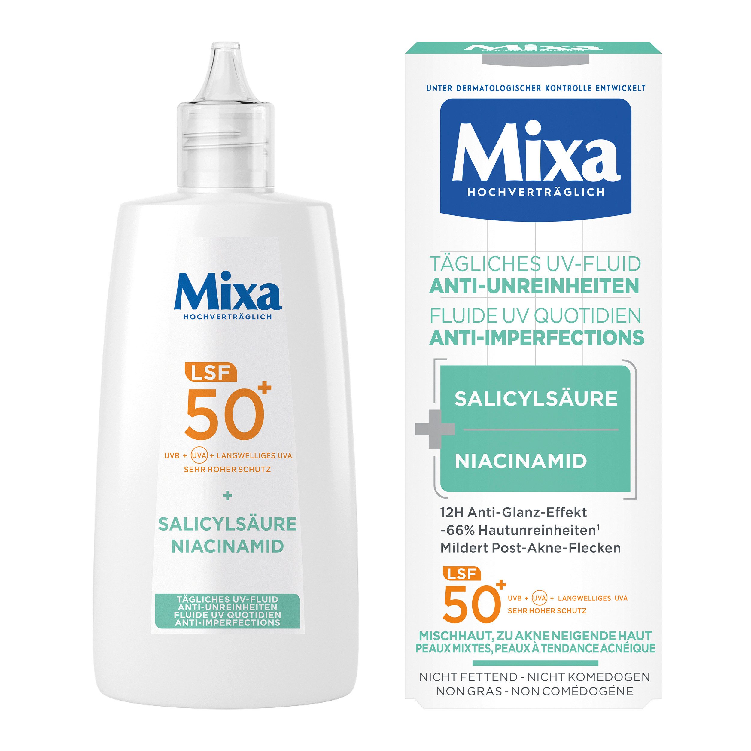 Mixa Gesichts-Reinigungsfluid MIXA ANTI-UNREINHEITEN LSF50 + UV FLUID, mit Niacinamid