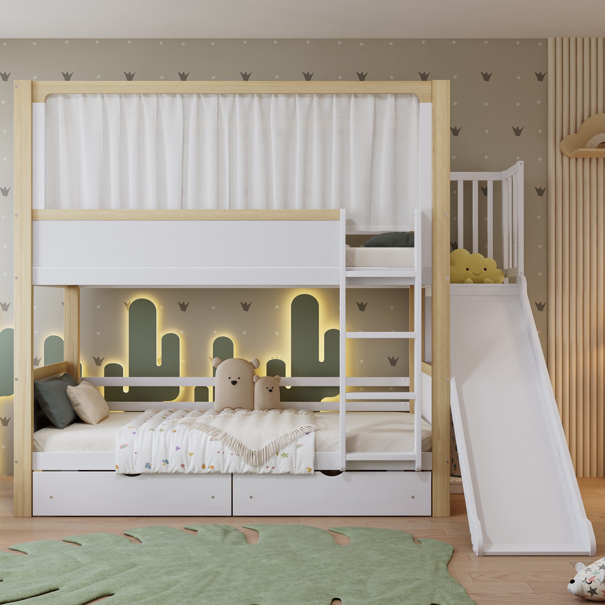 Flieks Etagenbett, Kinderbett 90x200cm mit Stoffvorhang, günstig online kaufen