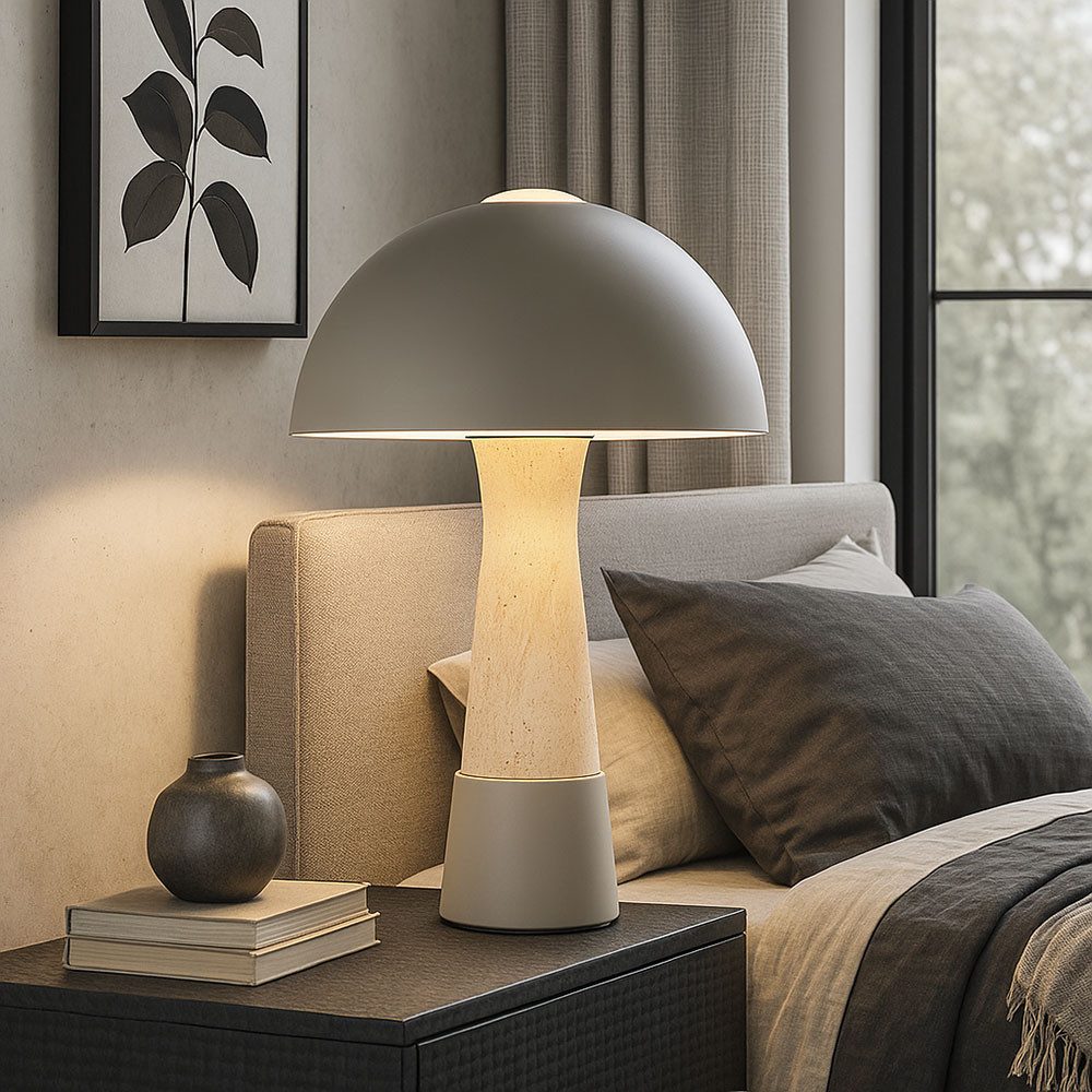 NOWA Tischleuchte, Leuchtmittel nicht inklusive, Tischleuchte Schalter grau matt Travertinoptik Beistelllampe H 36,5 cm